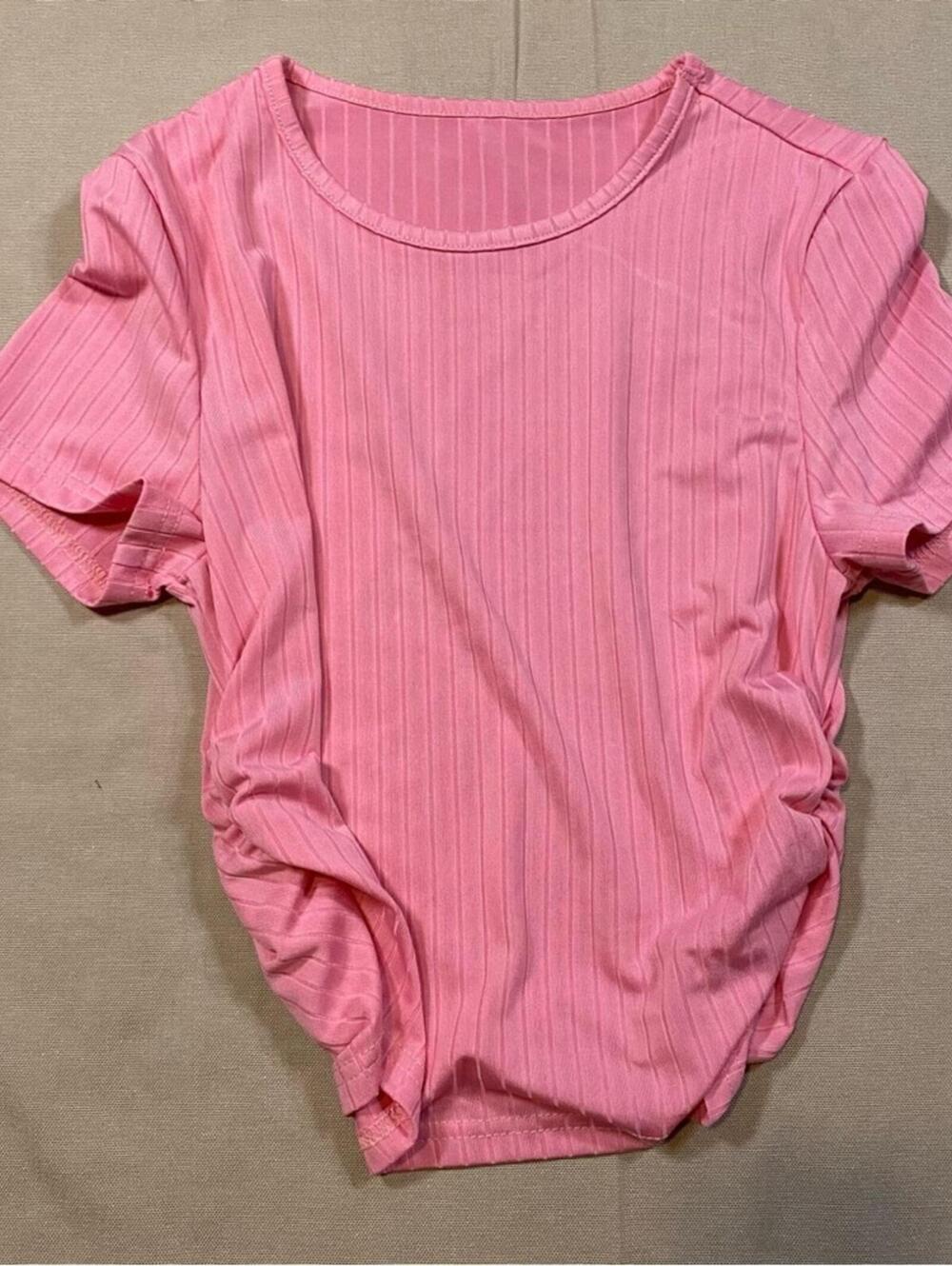 Pink Rouched Sides Crop Top Ribbed Short Sleeve Tee